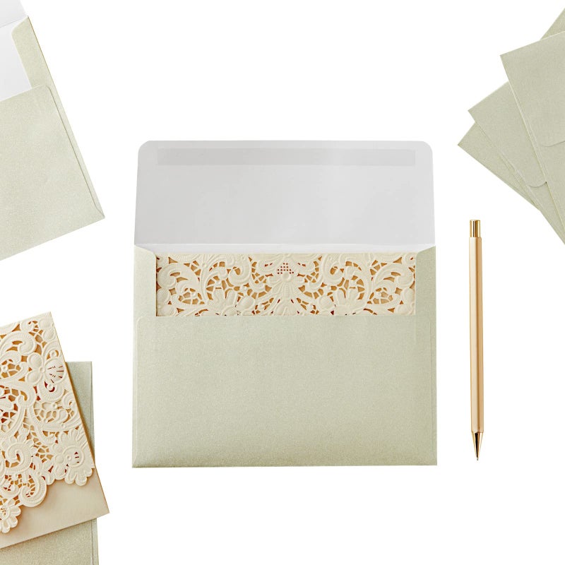 Pipilo Press A7 Gold Glitter Envelopes - 5 x 7 In, Gold, 50 Pack - Shimmery Finish & Peel & Seal Closure for Wedding Invites & Gift Card Envelopes - Image 2